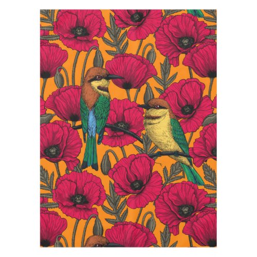 Bee eaters and poppies on orange tablecloth