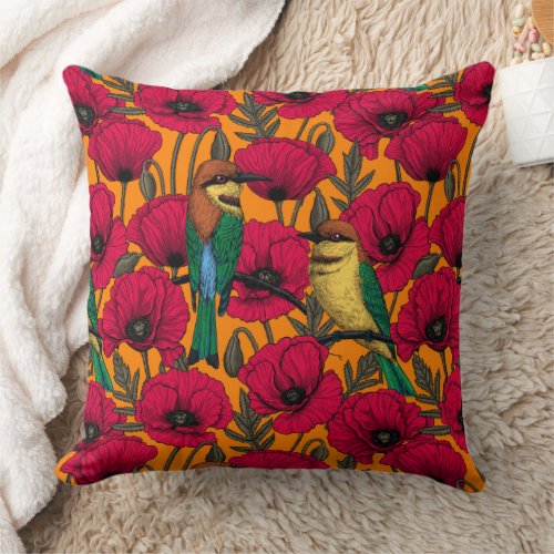Bee eaters and poppies on orange throw pillow