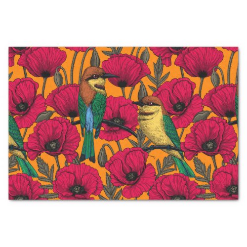 Bee eaters and poppies on orange tissue paper