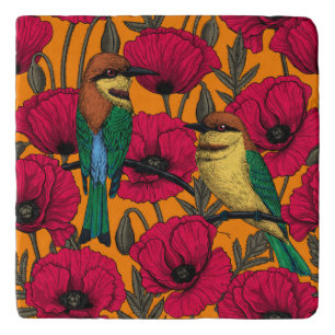 Bee eaters and poppies on orange trivet