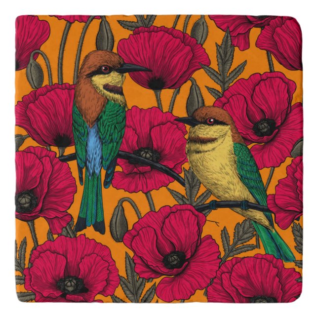 Bee eaters and poppies on orange trivet (Front)