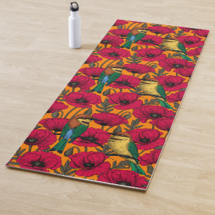 Bee eaters and poppies on orange yoga mat