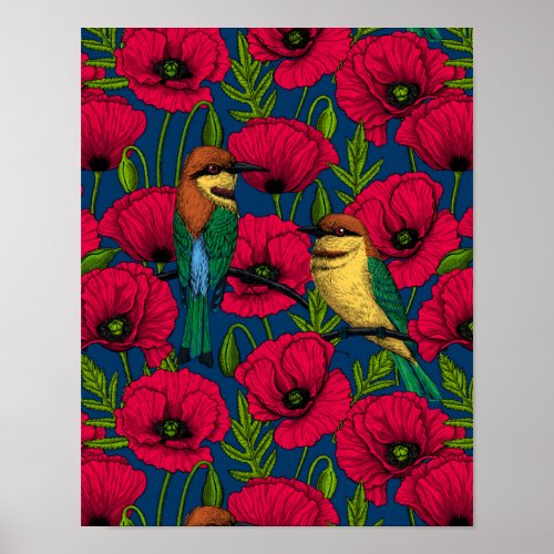 Bee eaters and poppies poster