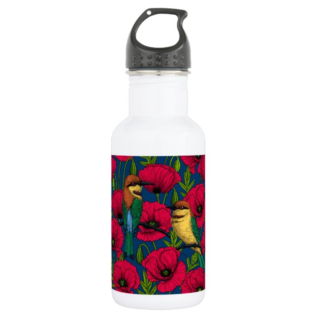Bee eaters and poppies stainless steel water bottle (Front)