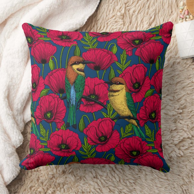 Bee eaters and poppies throw pillow (Blanket)