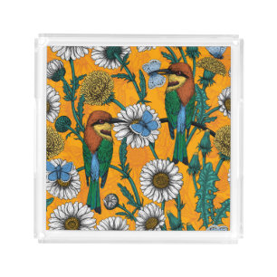 Bee-eaters, blue butterflies and daisies on orange acrylic tray