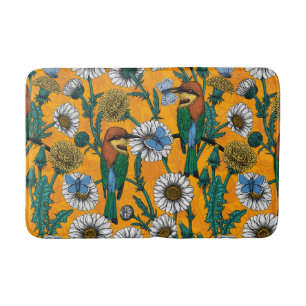 Bee-eaters, blue butterflies and daisies on orange bath mat