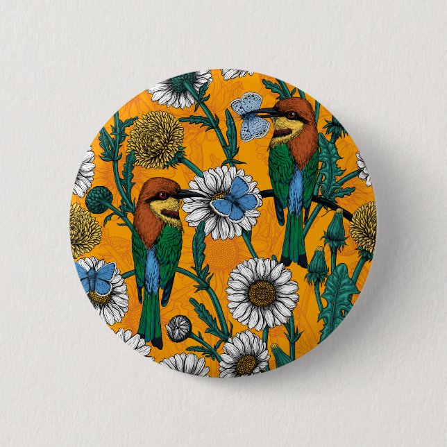Bee-eaters, blue butterflies and daisies on orange button (Front)