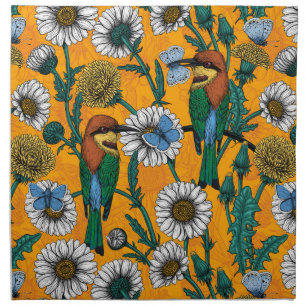 Bee-eaters, blue butterflies and daisies on orange cloth napkin
