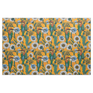 Bee-eaters, blue butterflies and daisies on orange fabric