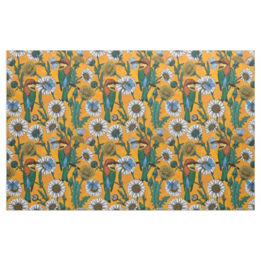 Bee-eaters, blue butterflies and daisies on orange fabric