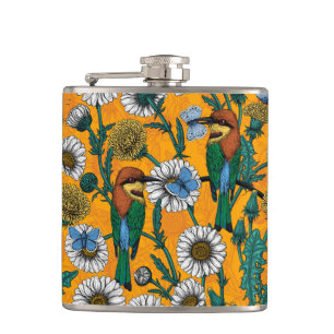 Bee-eaters, blue butterflies and daisies on orange flask