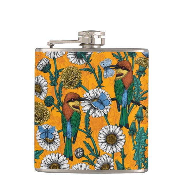 Bee-eaters, blue butterflies and daisies on orange flask (Front)
