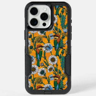 Bee-eaters, blue butterflies and daisies on orange iPhone 15 pro max case