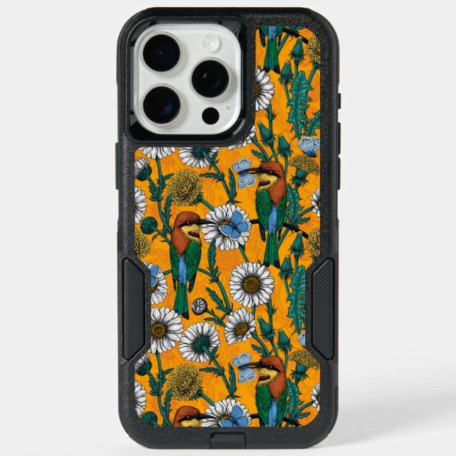 Bee-eaters, blue butterflies and daisies on orange iPhone 15 pro max case (Back)