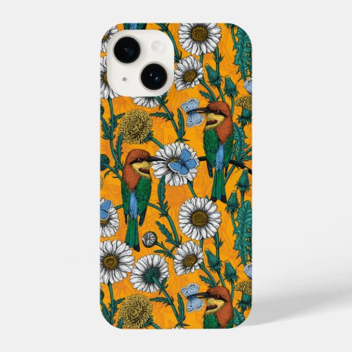 Bee_eaters blue butterflies and daisies on orange iPhone 14 case