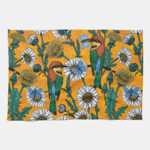 Bee-eaters, blue butterflies and daisies on orange kitchen towel