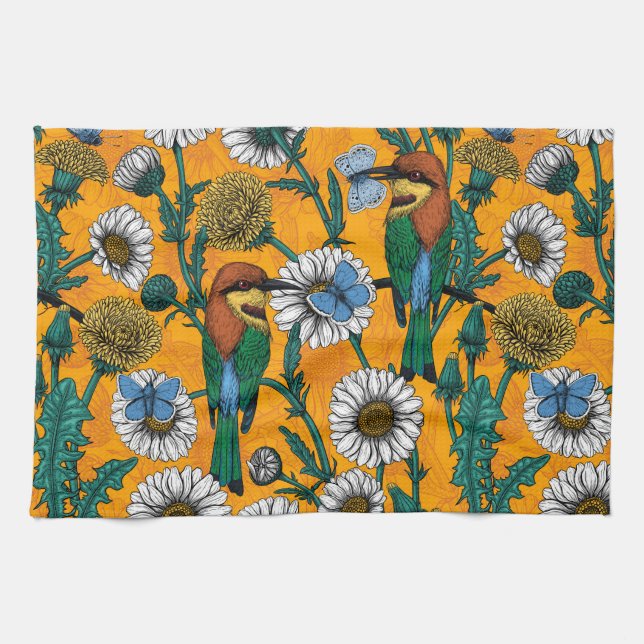 Bee-eaters, blue butterflies and daisies on orange kitchen towel (Horizontal)