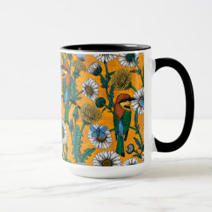 Bee-eaters, blue butterflies and daisies on orange mug