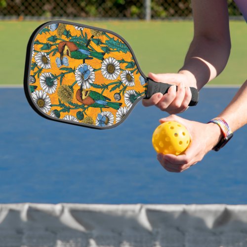 Bee_eaters blue butterflies and daisies on orange pickleball paddle