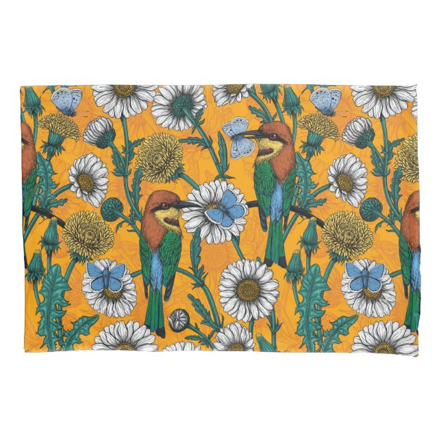 Bee-eaters, blue butterflies and daisies on orange pillow case (Front-Left)