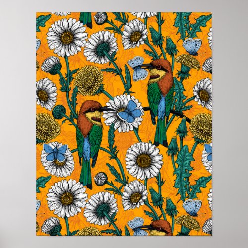 Bee_eaters blue butterflies and daisies on orange poster