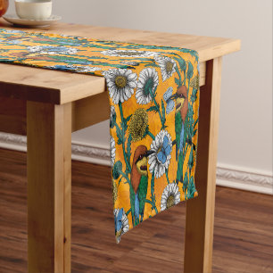 Bee-eaters, blue butterflies and daisies on orange short table runner