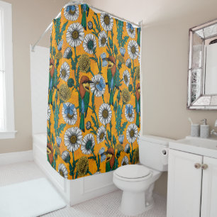 Bee-eaters, blue butterflies and daisies on orange shower curtain