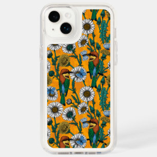 Bee-eaters, blue butterflies and daisies on orange speck iPhone 14 plus case