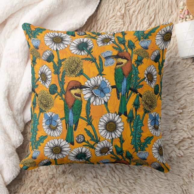 Bee-eaters, blue butterflies and daisies on orange throw pillow (Blanket)