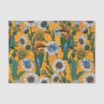 Bee-eaters, blue butterflies and daisies on orange tissue paper