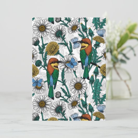Bee-eaters, blue butterflies and daisies on white (Standing Front)