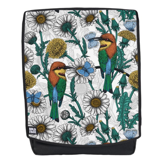 Bee-eaters, blue butterflies and daisies on white backpack (Front)