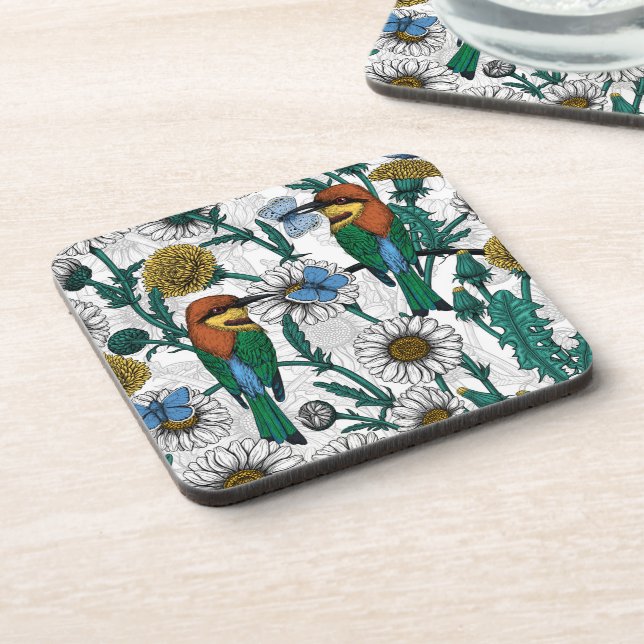 Bee-eaters, blue butterflies and daisies on white beverage coaster (Left Side)