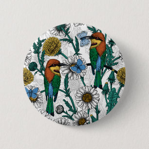 Bee-eaters, blue butterflies and daisies on white button