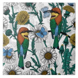 Bee-eaters, blue butterflies and daisies on white ceramic tile