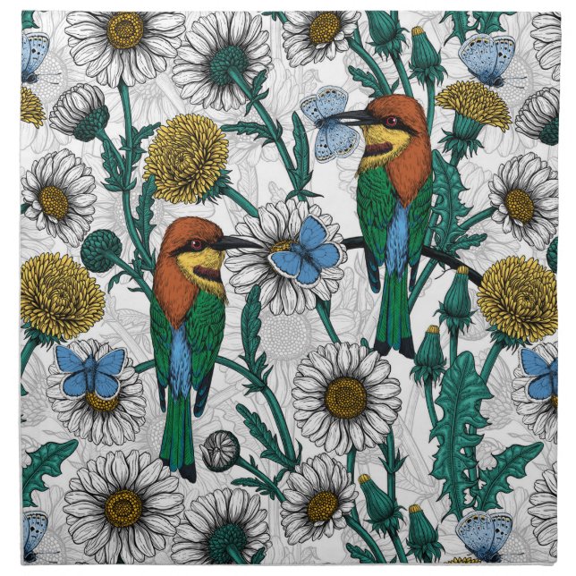 Bee-eaters, blue butterflies and daisies on white cloth napkin (Front)