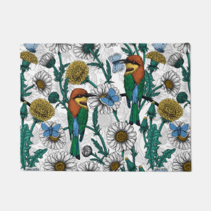 Bee-eaters, blue butterflies and daisies on white doormat