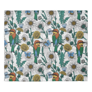 Bee-eaters, blue butterflies and daisies on white duvet cover