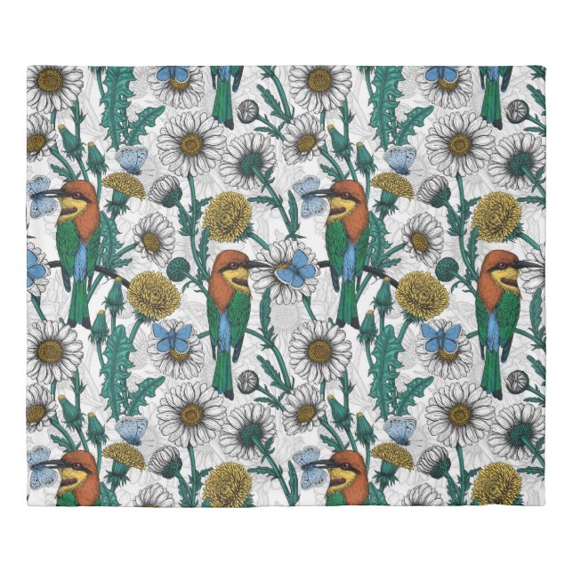 Bee-eaters, blue butterflies and daisies on white duvet cover (Front)