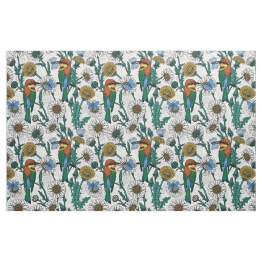Bee-eaters, blue butterflies and daisies on white fabric