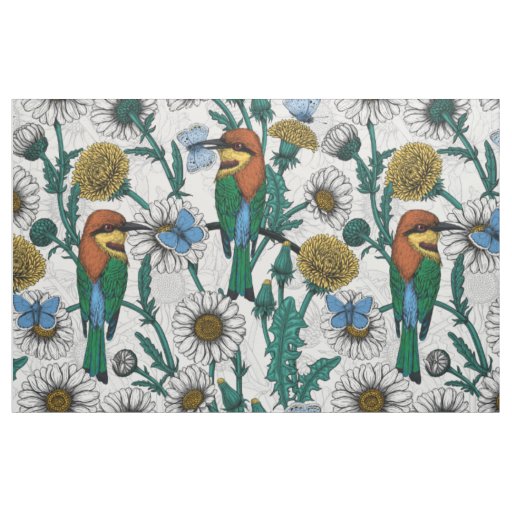Bee-eaters, blue butterflies and daisies on white fabric