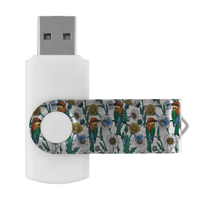 Bee-eaters, blue butterflies and daisies on white flash drive (Opened)