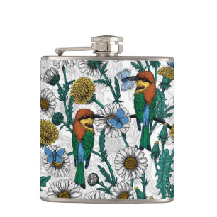 Bee-eaters, blue butterflies and daisies on white flask
