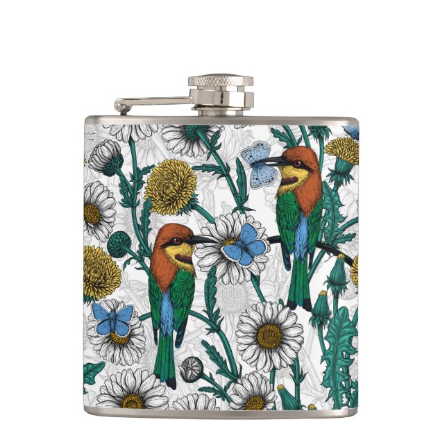Bee-eaters, blue butterflies and daisies on white flask (Front)