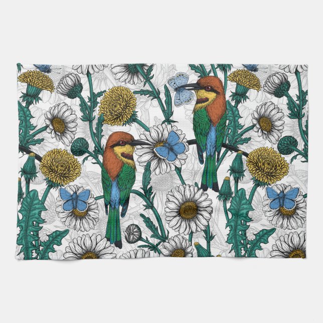 Bee-eaters, blue butterflies and daisies on white kitchen towel (Horizontal)