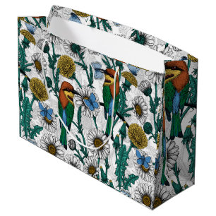 Bee-eaters, blue butterflies and daisies on white large gift bag