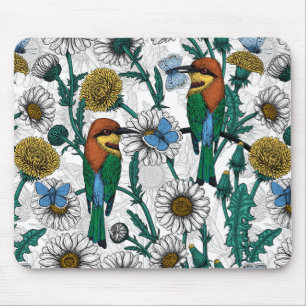 Bee-eaters, blue butterflies and daisies on white mouse pad