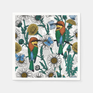 Bee-eaters, blue butterflies and daisies on white napkins