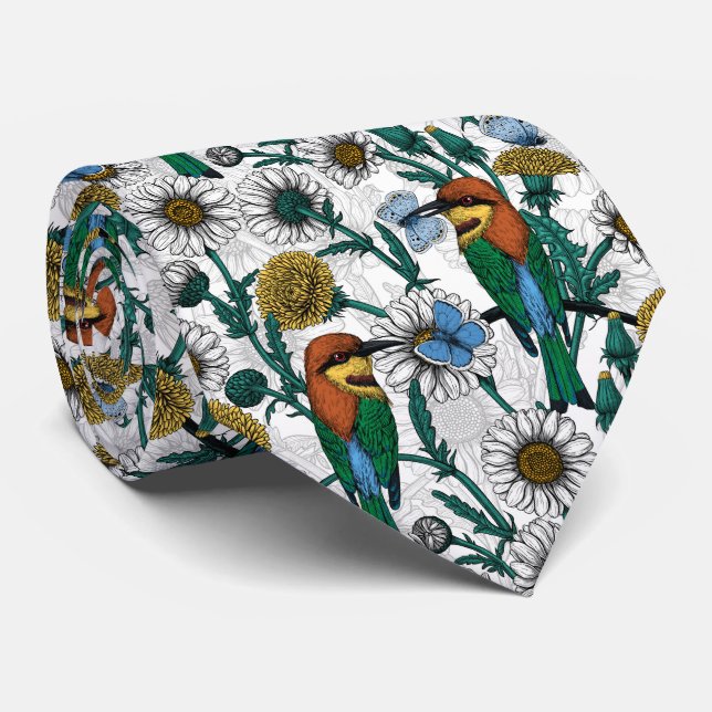 Bee-eaters, blue butterflies and daisies on white neck tie (Rolled)